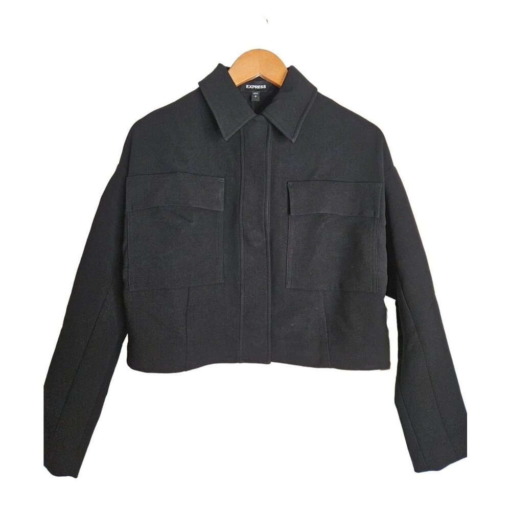 Express Collared Crop Patch Pocket Black Snap Button Jacket Size Small